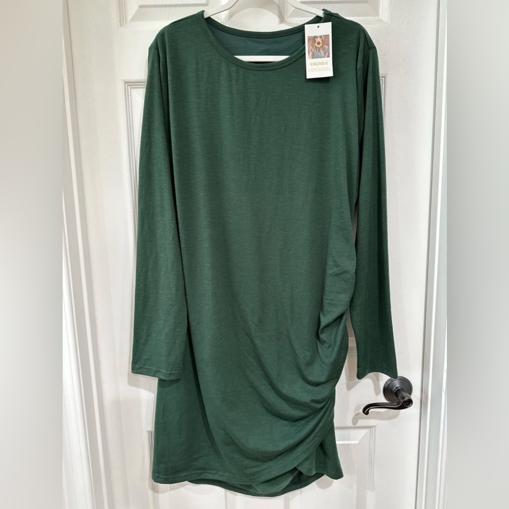 Kirundo Women's 2XL Long Sleeve Pullover T-Shirt Dress Ruched Green NEW